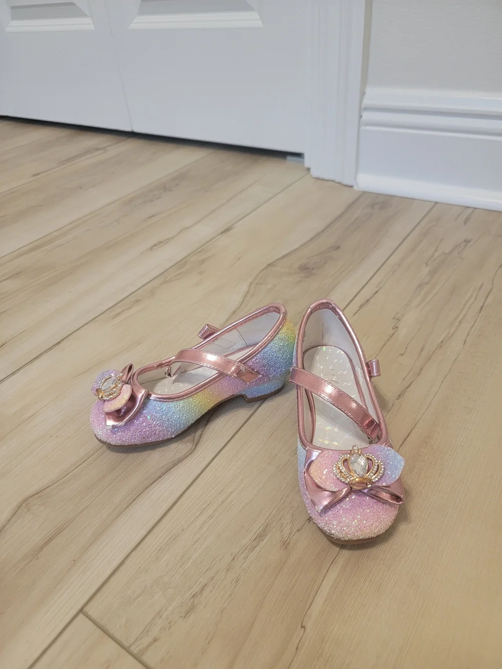 Girls Pink Rainbow Glitter Mary Jane Shoes with Crown Accent